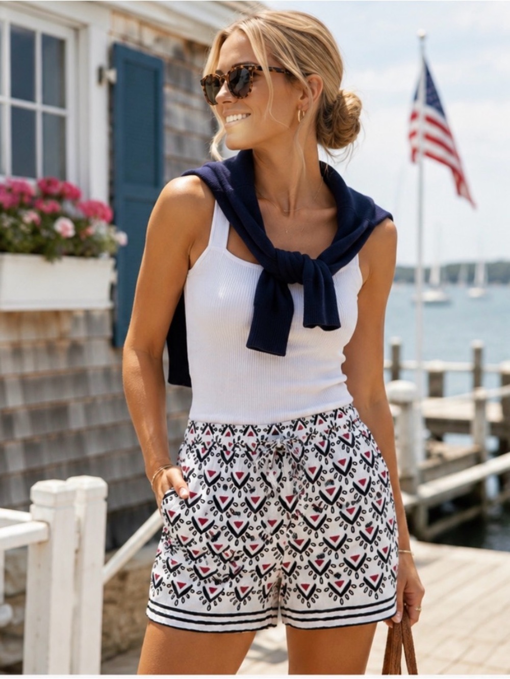 LOFT Linen Blend Geometric Print Pull On Shorts Large Coastal Summer